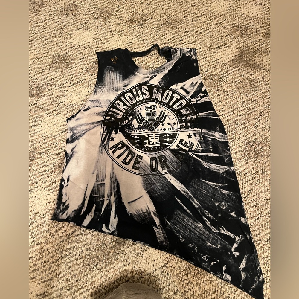 Fast and furious/ affliction asymmetrical hem criss cross back tank with studs